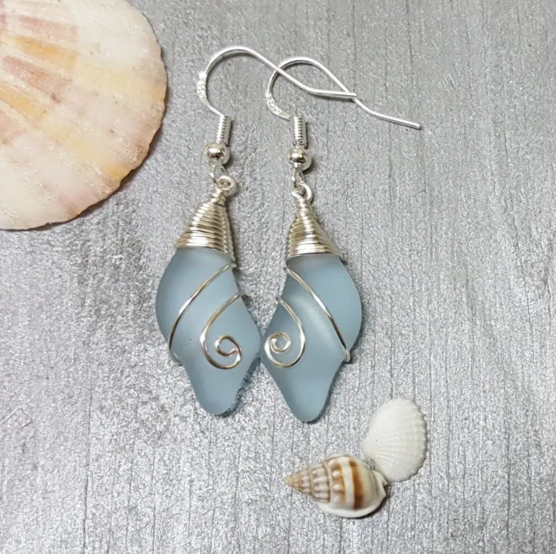 Hawaiian Jewelry Sea Glass Earrings, Wire Wave Purple Earrings, Sea Glass Jewelry Beach Jewelry Birthday Gift (February Birthstone Jewelry)