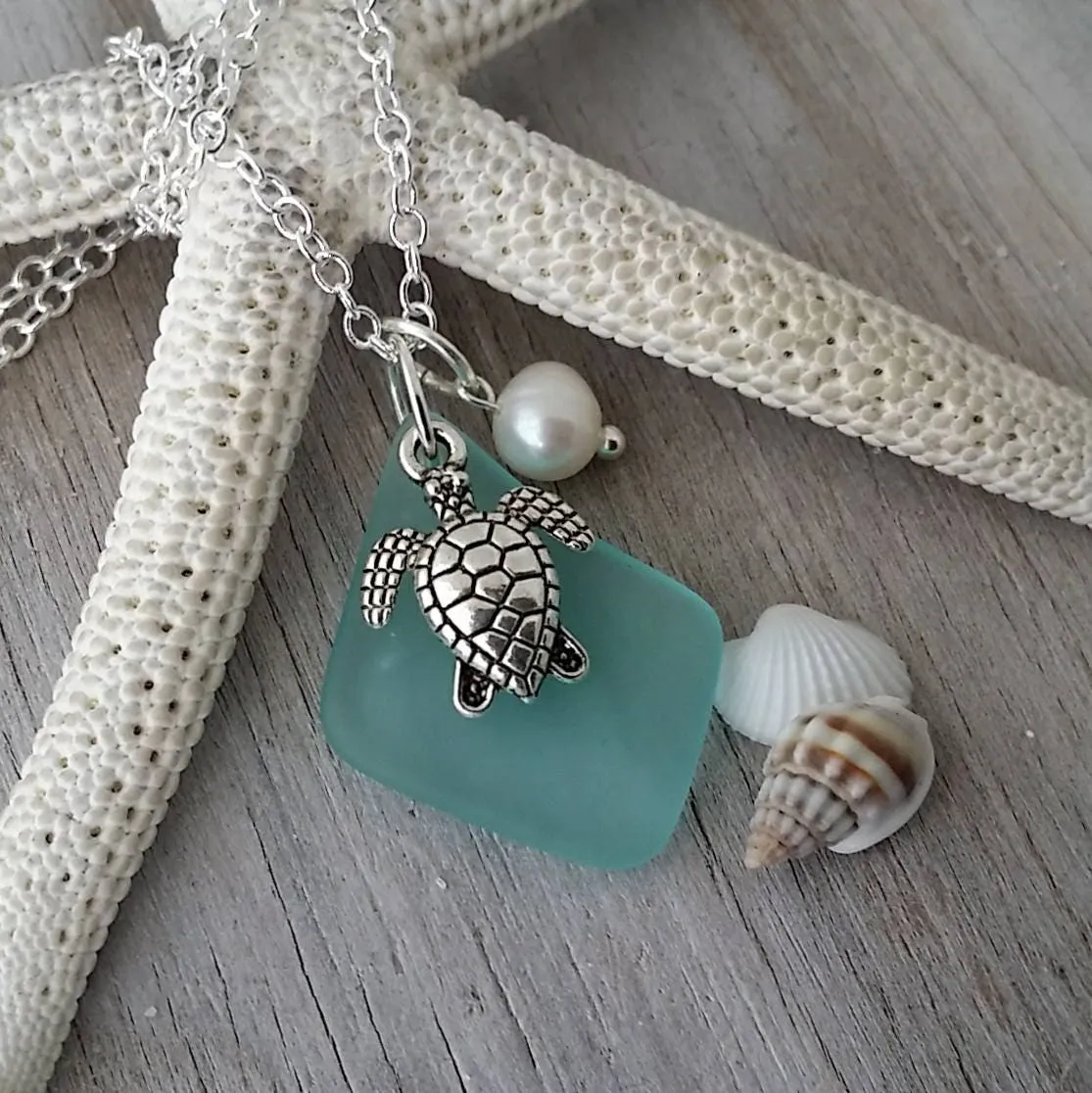 Hawaiian Jewelry Sea Glass Necklace, Aquamarine Necklace, Turtle Necklace Pearl Necklace, Ocean Beach Jewelry (March Birthstone Jewelry)