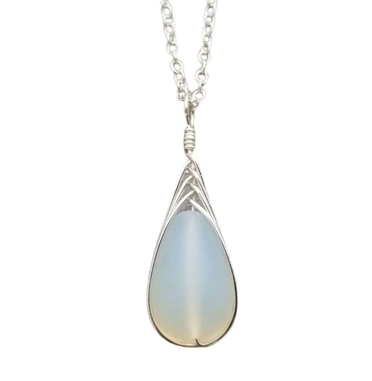 Hawaiian Jewelry Sea Glass Necklace, Braided Moonstone Necklace Teardrop Necklace, Beach Jewelry For Women Birthday Gift (June Birthstone)