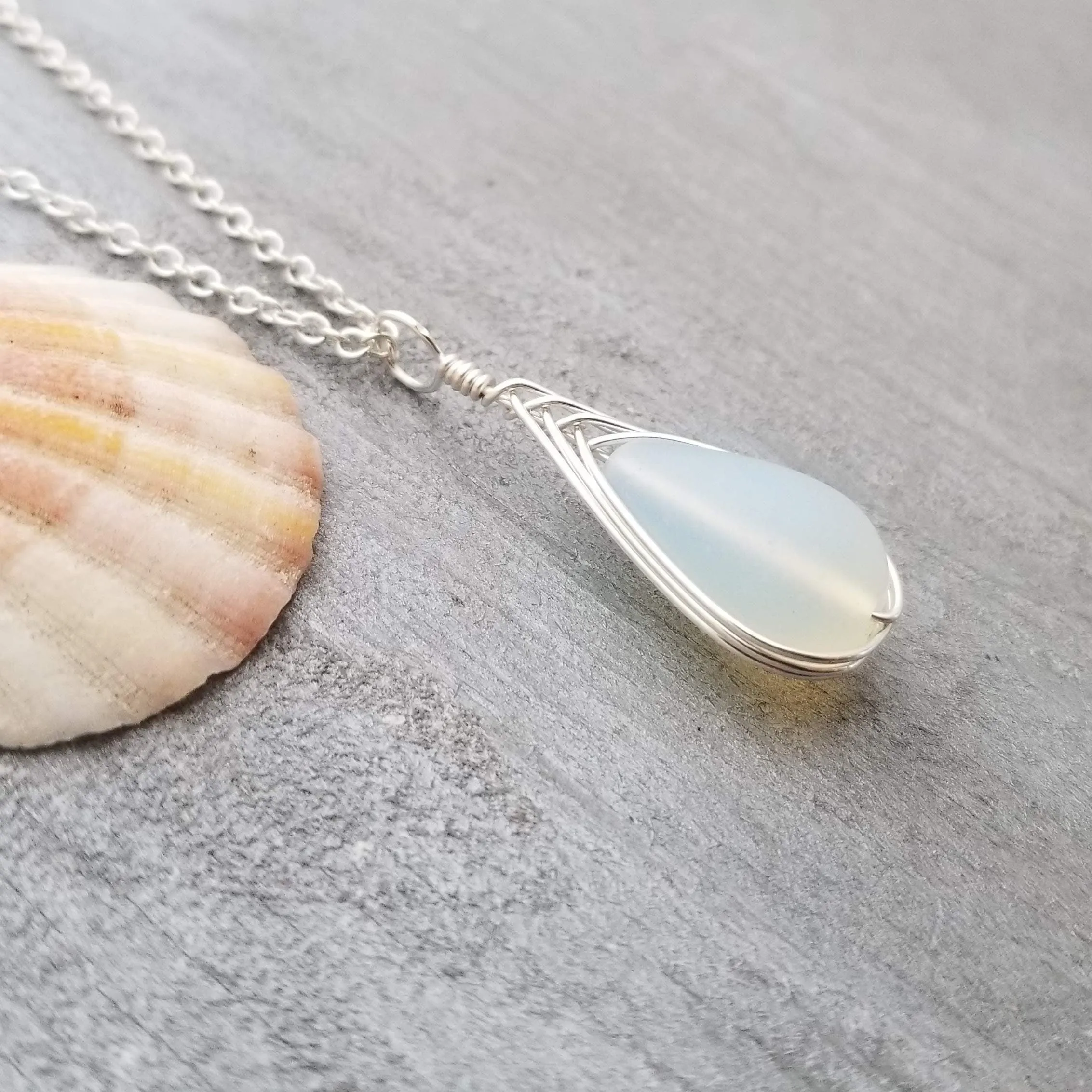 Hawaiian Jewelry Sea Glass Necklace, Braided Moonstone Necklace Teardrop Necklace, Beach Jewelry For Women Birthday Gift (June Birthstone)
