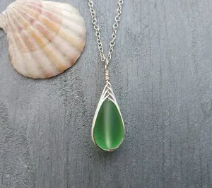 Hawaiian Jewelry Sea Glass Necklace, Braided Peridot Necklace Green Necklace Teardrop Necklace, Sea Glass Jewelry (August Birthstone Gift)