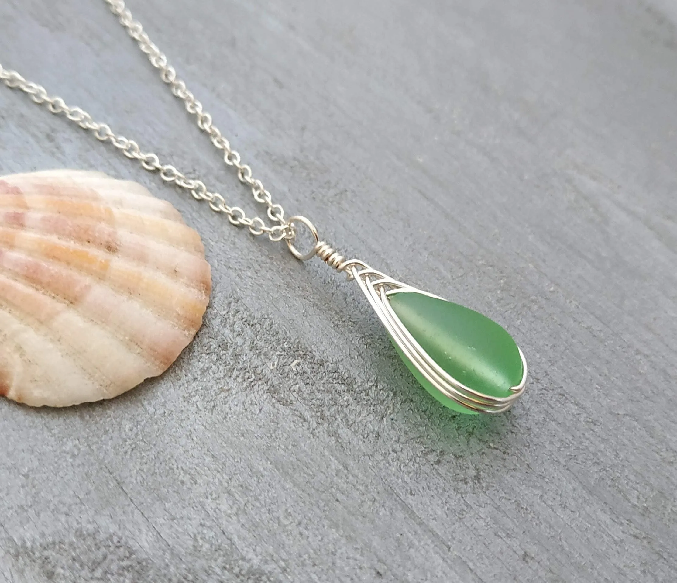 Hawaiian Jewelry Sea Glass Necklace, Braided Peridot Necklace Green Necklace Teardrop Necklace, Sea Glass Jewelry (August Birthstone Gift)