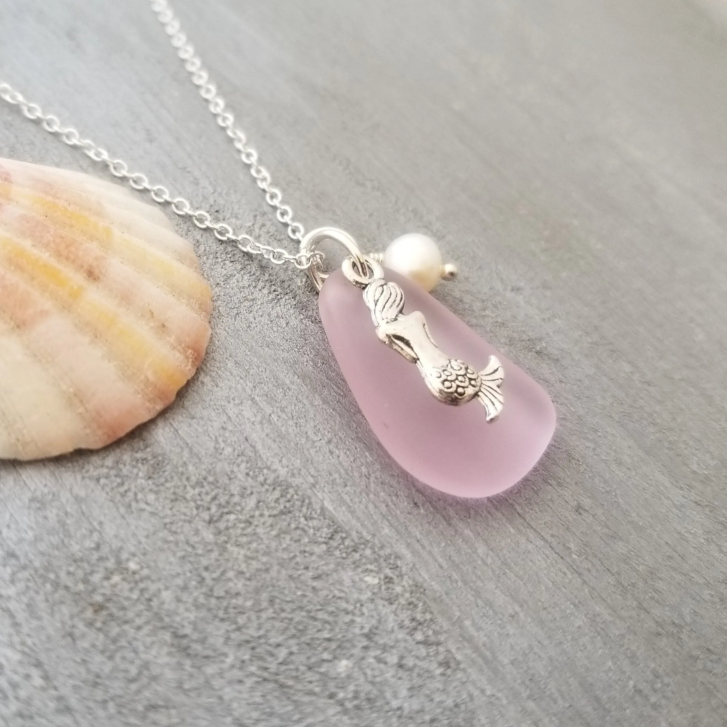 Hawaiian Jewelry Sea Glass Necklace, Pink Necklace Mermaid Necklace Pearl Beach Sea Glass Jewelry Birthday Gift For Girl(October Birthstone)