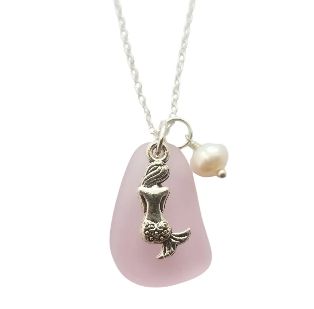 Hawaiian Jewelry Sea Glass Necklace, Pink Necklace Mermaid Necklace Pearl Beach Sea Glass Jewelry Birthday Gift For Girl(October Birthstone)