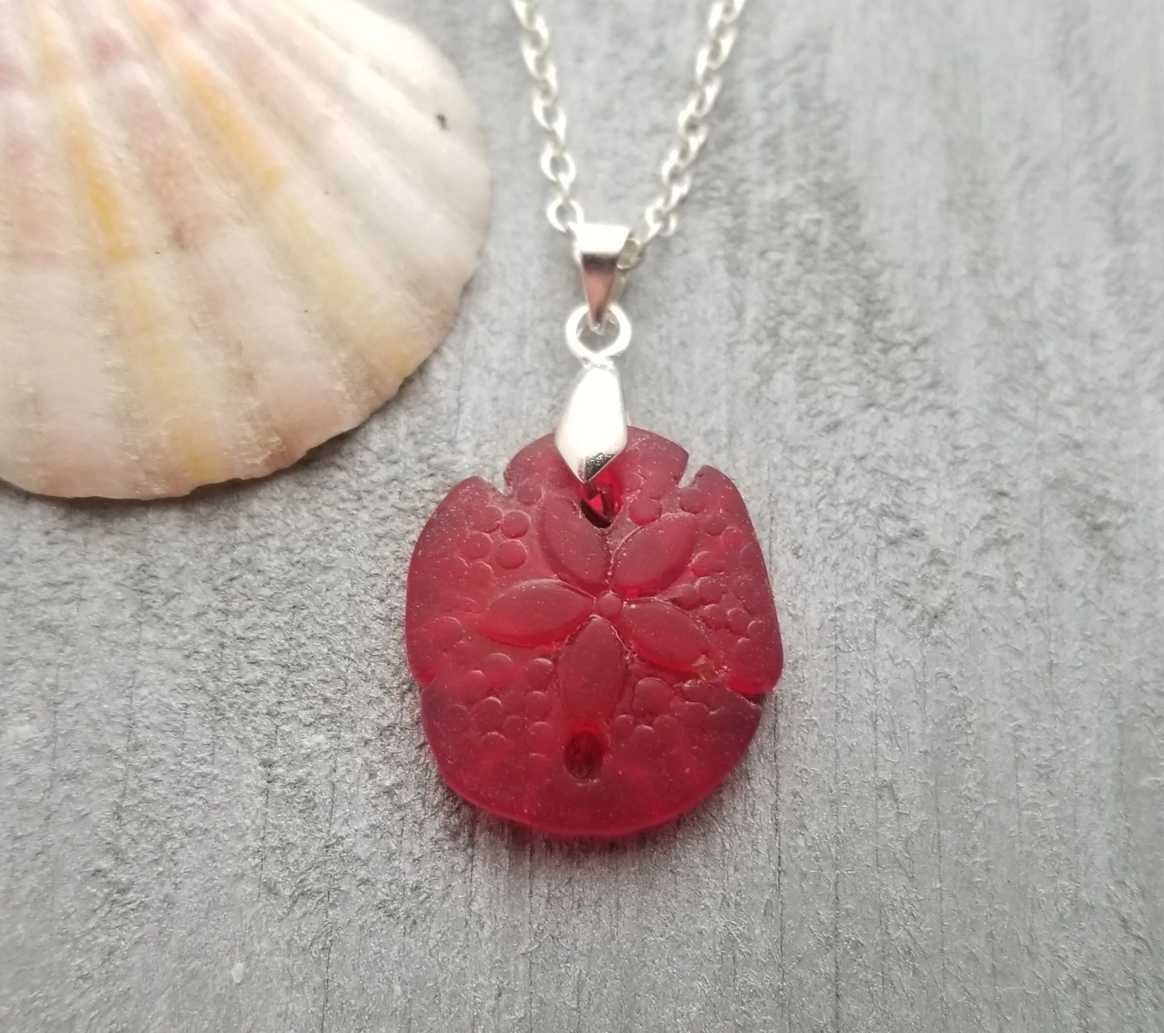 Hawaiian Jewelry Sea Glass Necklace, "Mermaid's Coin" Sand Dollar Necklace, Ruby Red Necklace, Sea Glass Jewelry (July Birthstone Jewelry)