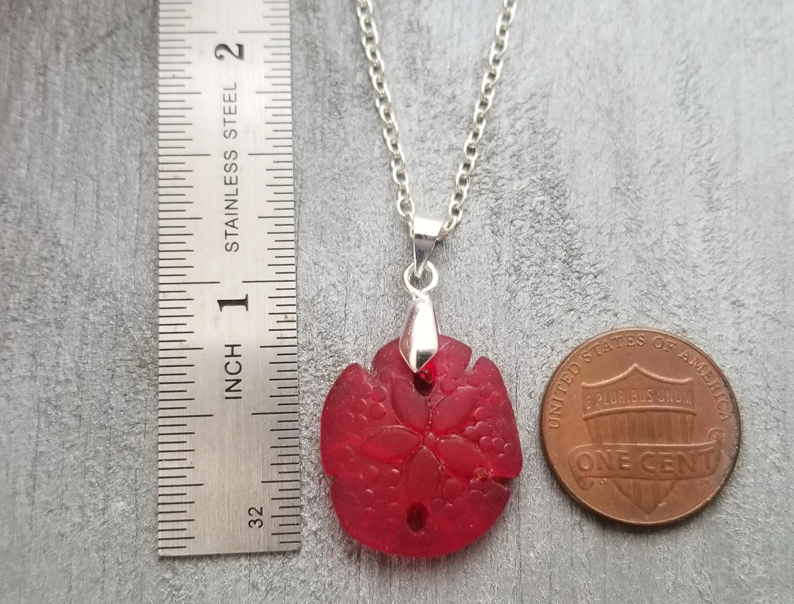 Hawaiian Jewelry Sea Glass Necklace, "Mermaid's Coin" Sand Dollar Necklace, Ruby Red Necklace, Sea Glass Jewelry (July Birthstone Jewelry)