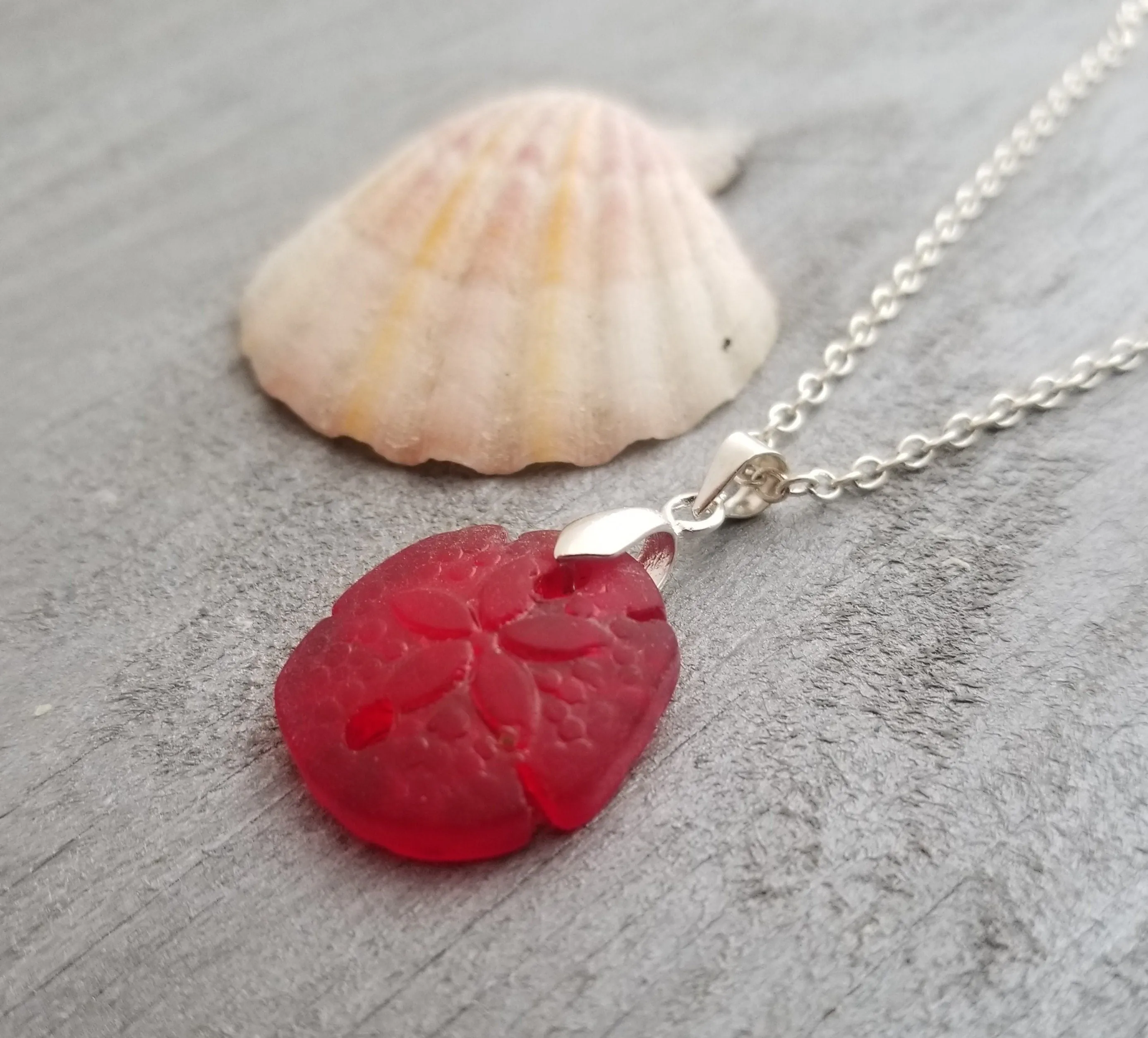 Hawaiian Jewelry Sea Glass Necklace, "Mermaid's Coin" Sand Dollar Necklace, Ruby Red Necklace, Sea Glass Jewelry (July Birthstone Jewelry)