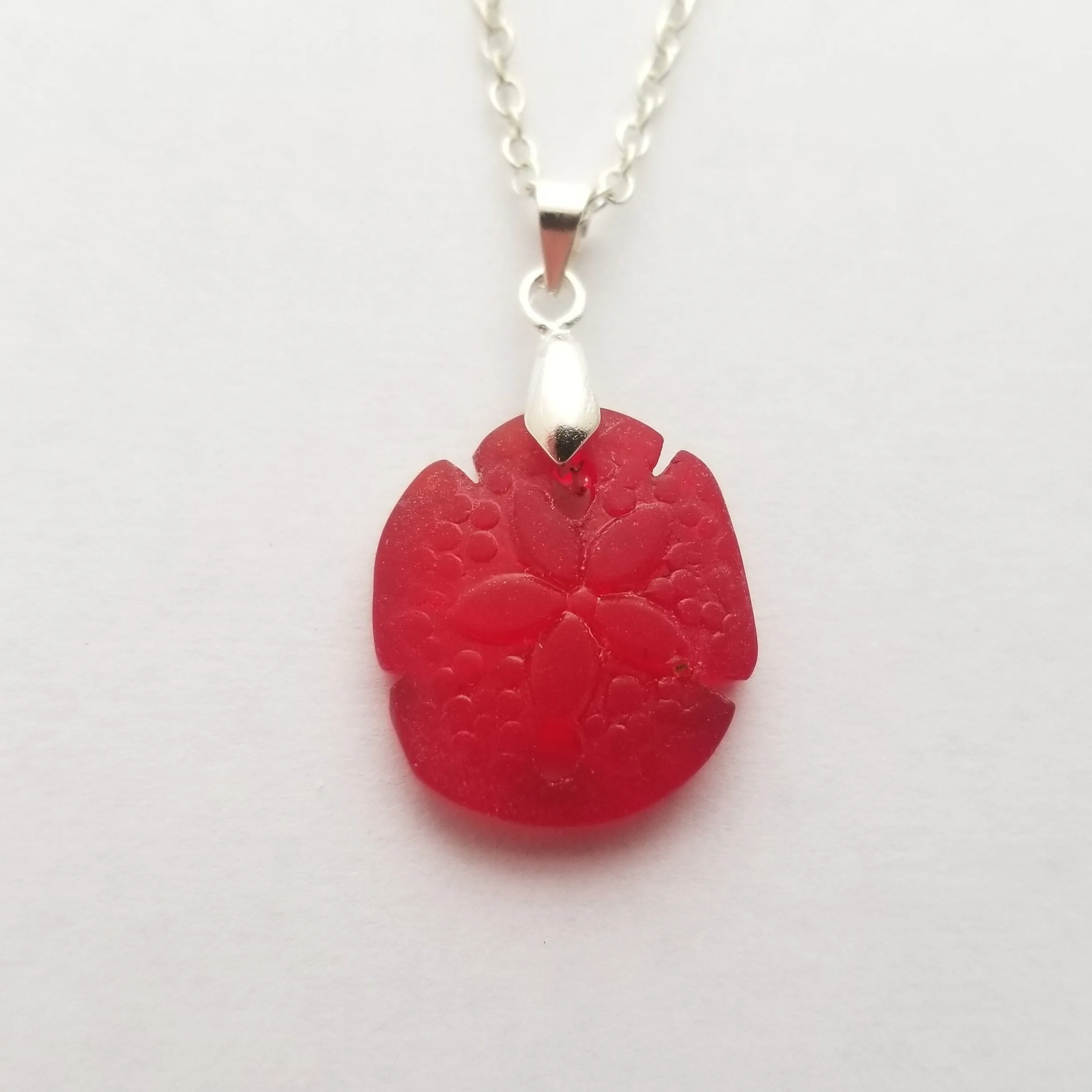 Hawaiian Jewelry Sea Glass Necklace, "Mermaid's Coin" Sand Dollar Necklace, Ruby Red Necklace, Sea Glass Jewelry (July Birthstone Jewelry)