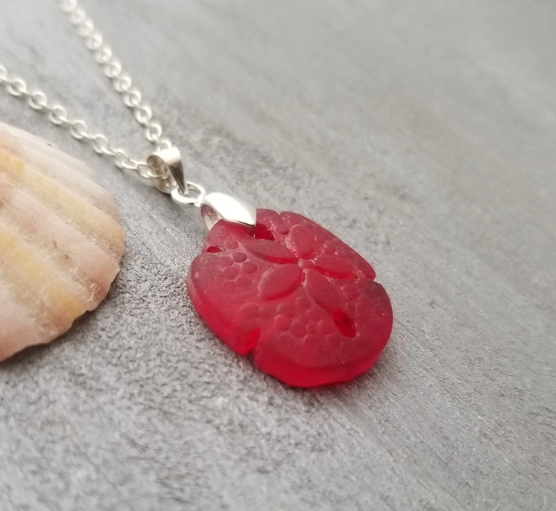 Hawaiian Jewelry Sea Glass Necklace, "Mermaid's Coin" Sand Dollar Necklace, Ruby Red Necklace, Sea Glass Jewelry (July Birthstone Jewelry)