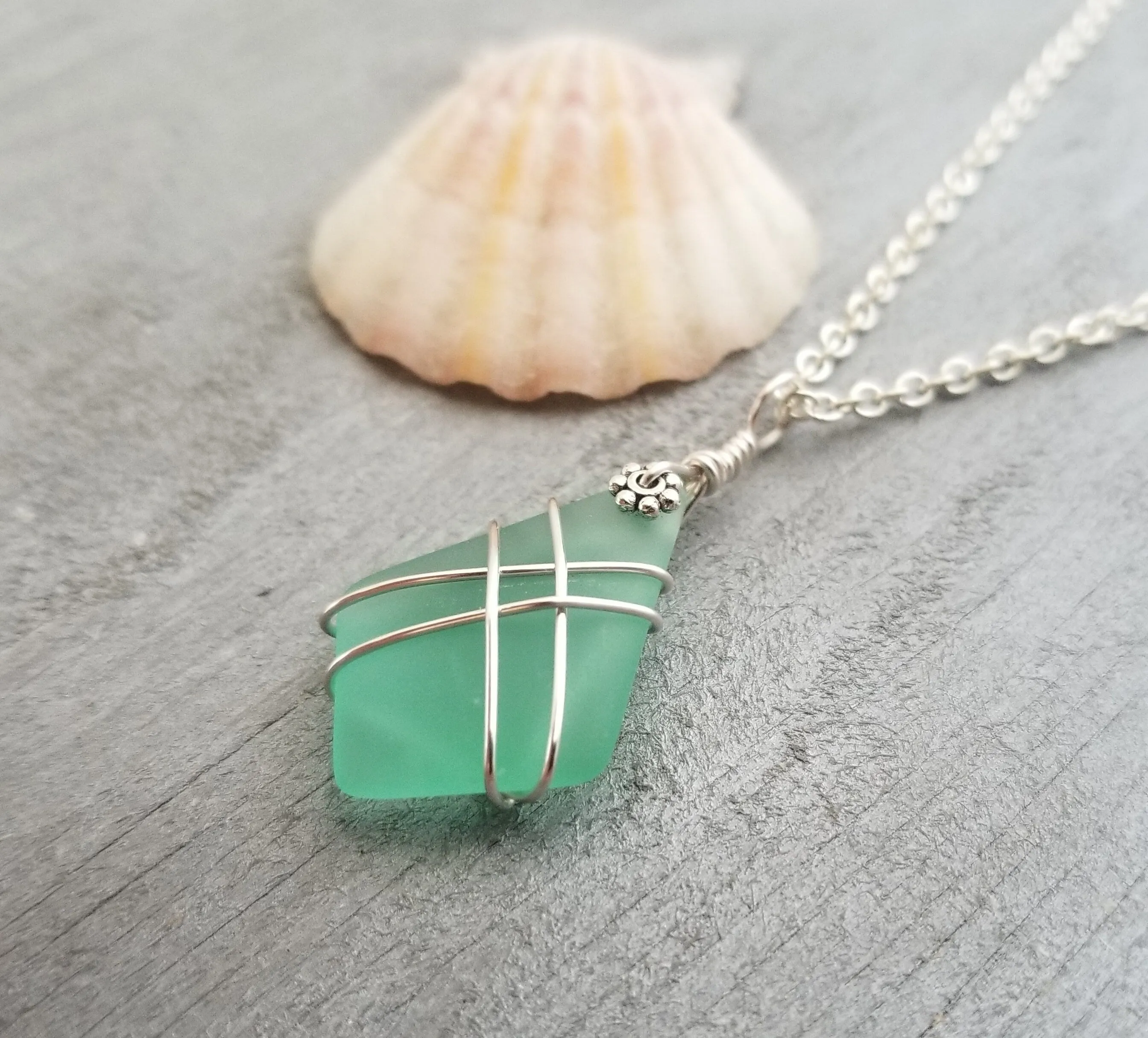 Hawaiian Jewelry Sea Glass Necklace, Wire Cross Necklace Aquamarine Necklace, Sea Glass Jewelry Fun Beach Jewelry (March Birthstone Jewelry)