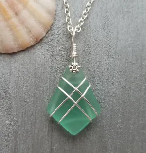 Hawaiian Jewelry Sea Glass Necklace, Wire Cross Necklace Aquamarine Necklace, Sea Glass Jewelry Fun Beach Jewelry (March Birthstone Jewelry)