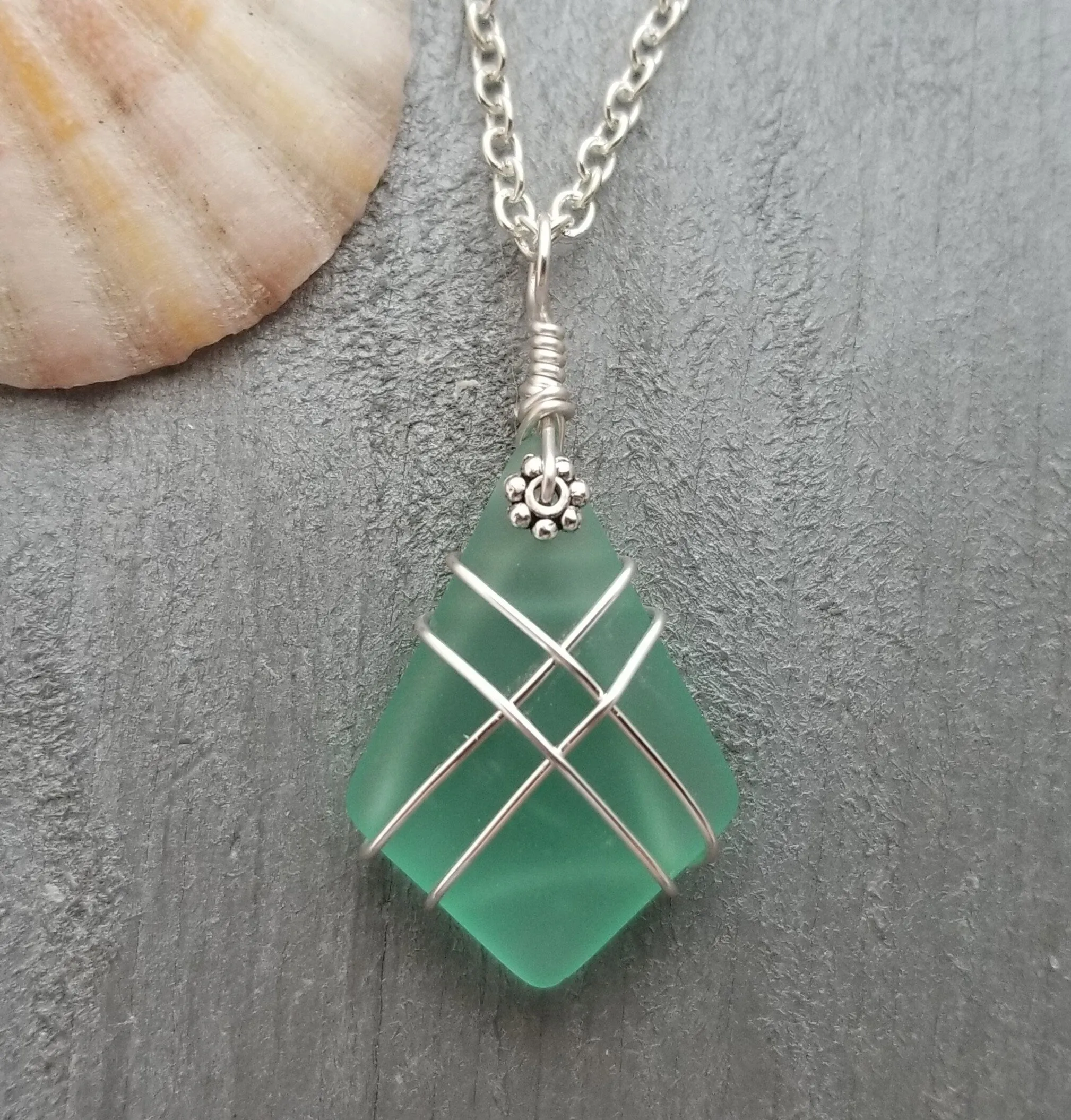 Hawaiian Jewelry Sea Glass Necklace, Wire Cross Necklace Aquamarine Necklace, Sea Glass Jewelry Fun Beach Jewelry (March Birthstone Jewelry)