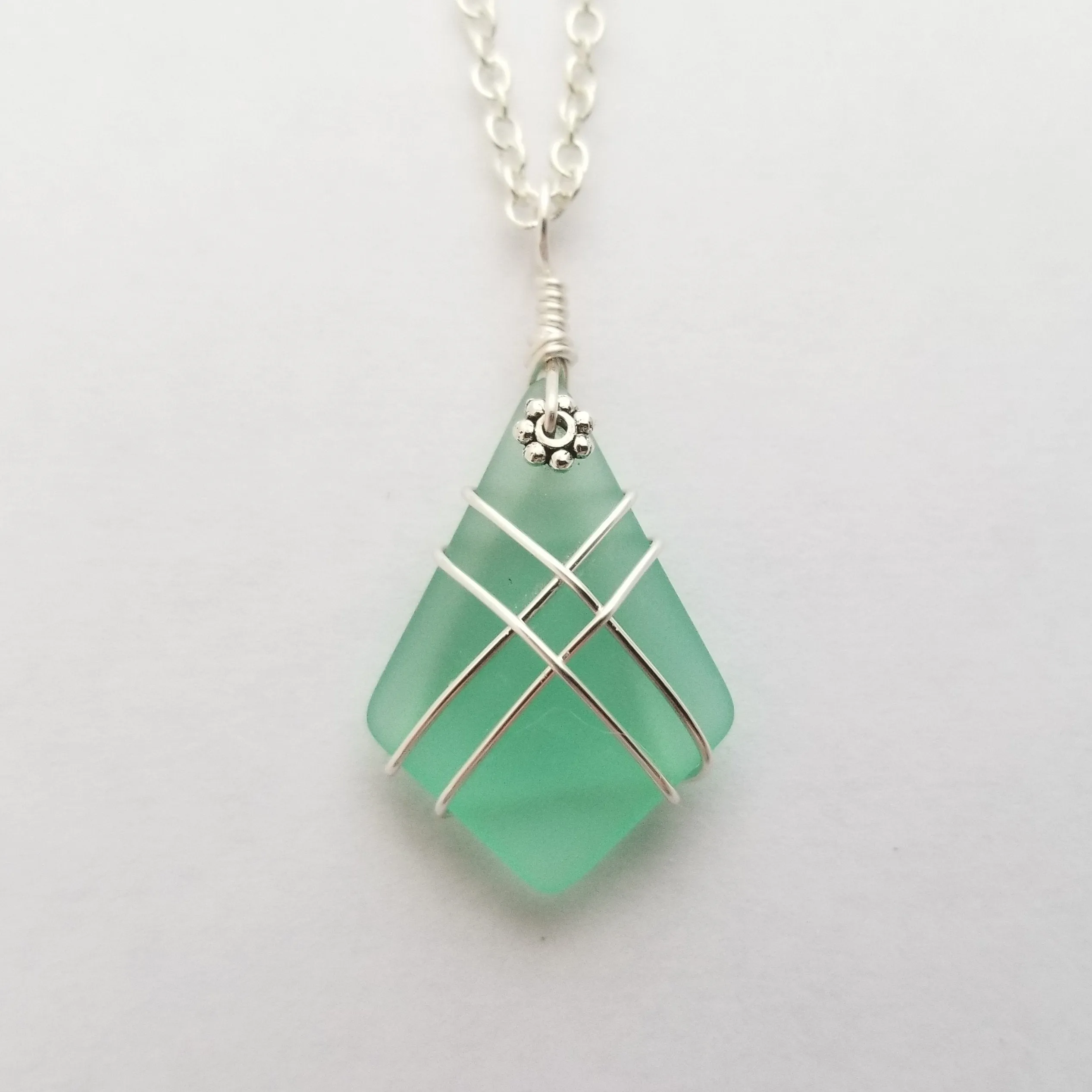 Hawaiian Jewelry Sea Glass Necklace, Wire Cross Necklace Aquamarine Necklace, Sea Glass Jewelry Fun Beach Jewelry (March Birthstone Jewelry)