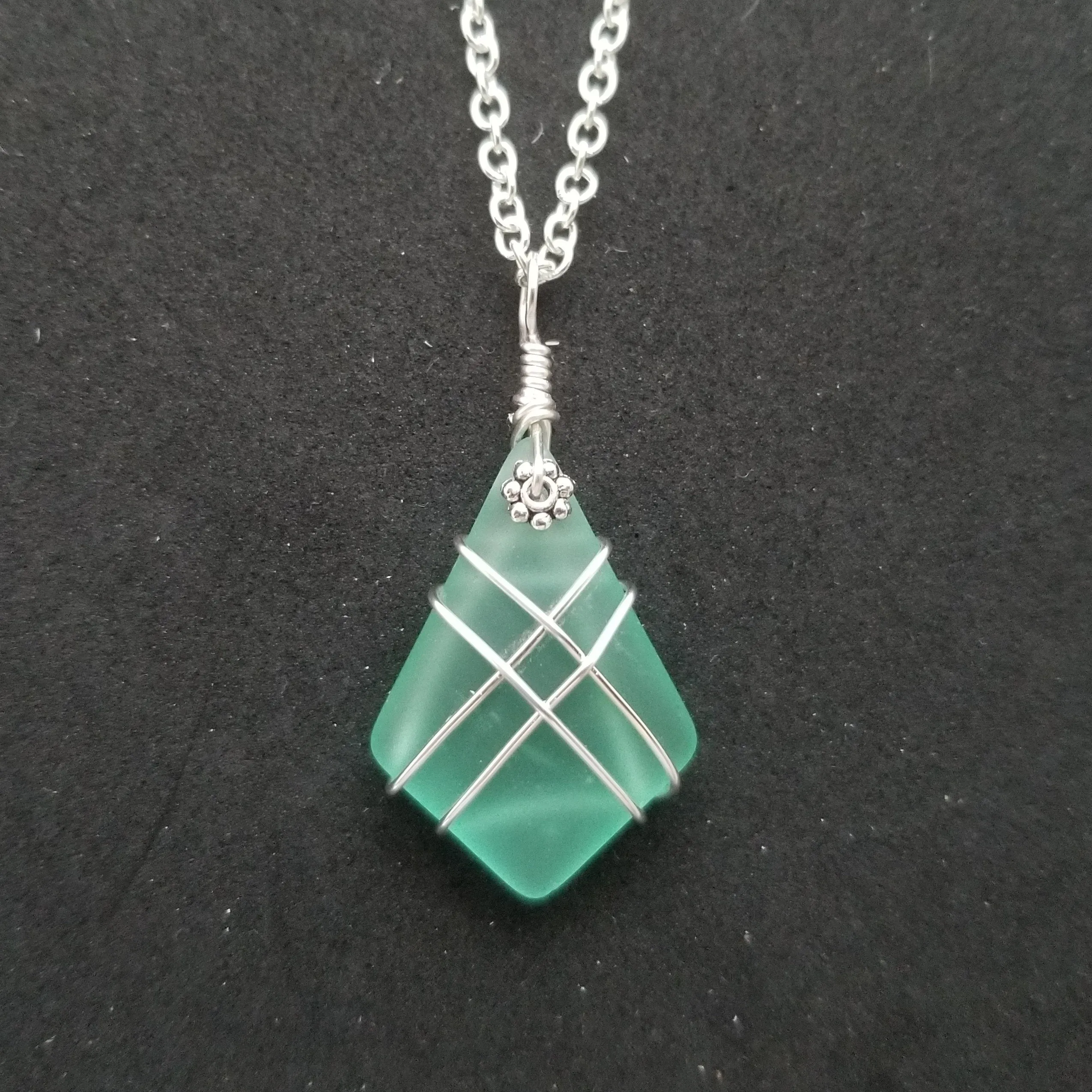 Hawaiian Jewelry Sea Glass Necklace, Wire Cross Necklace Aquamarine Necklace, Sea Glass Jewelry Fun Beach Jewelry (March Birthstone Jewelry)