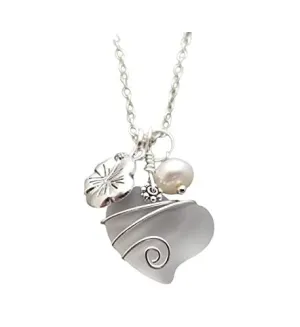 Hawaiian Jewelry Sea Glass Necklace, Wire Heart Necklace Crystal Necklace Hibiscus Pearl Necklace, Beach Jewelry (April Birthstone Jewelry)