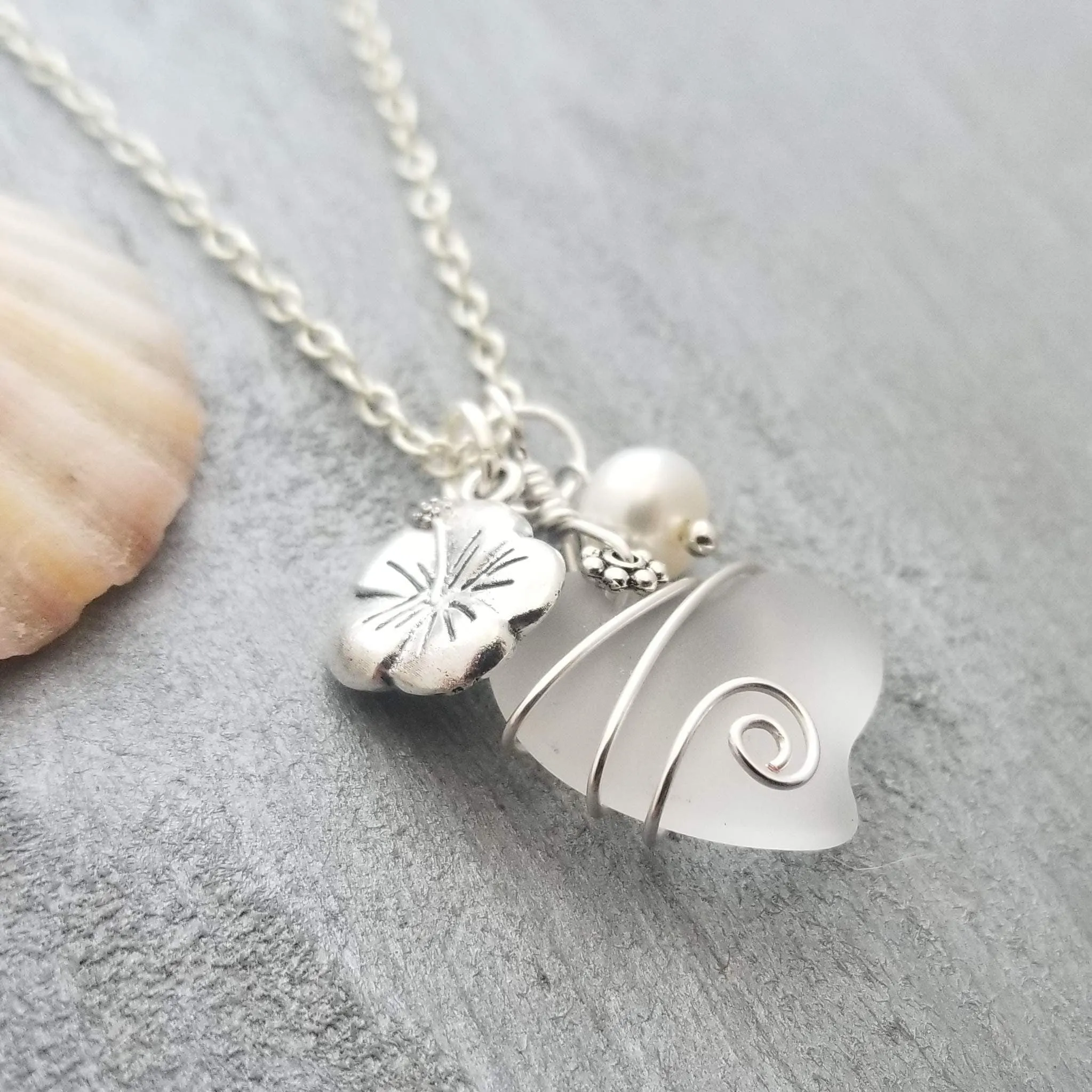 Hawaiian Jewelry Sea Glass Necklace, Wire Heart Necklace Crystal Necklace Hibiscus Pearl Necklace, Beach Jewelry (April Birthstone Jewelry)