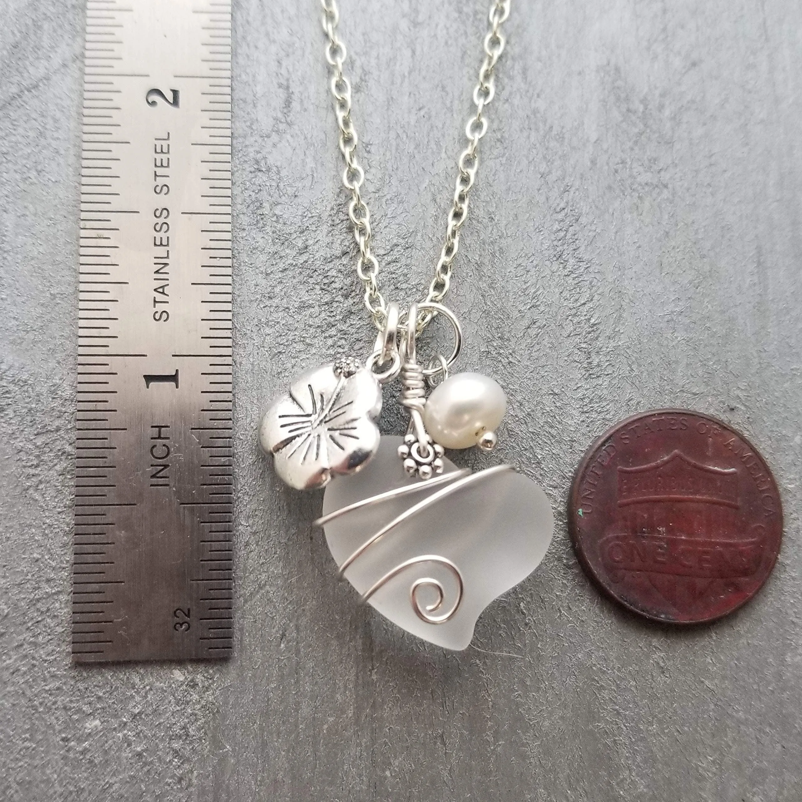 Hawaiian Jewelry Sea Glass Necklace, Wire Heart Necklace Crystal Necklace Hibiscus Pearl Necklace, Beach Jewelry (April Birthstone Jewelry)