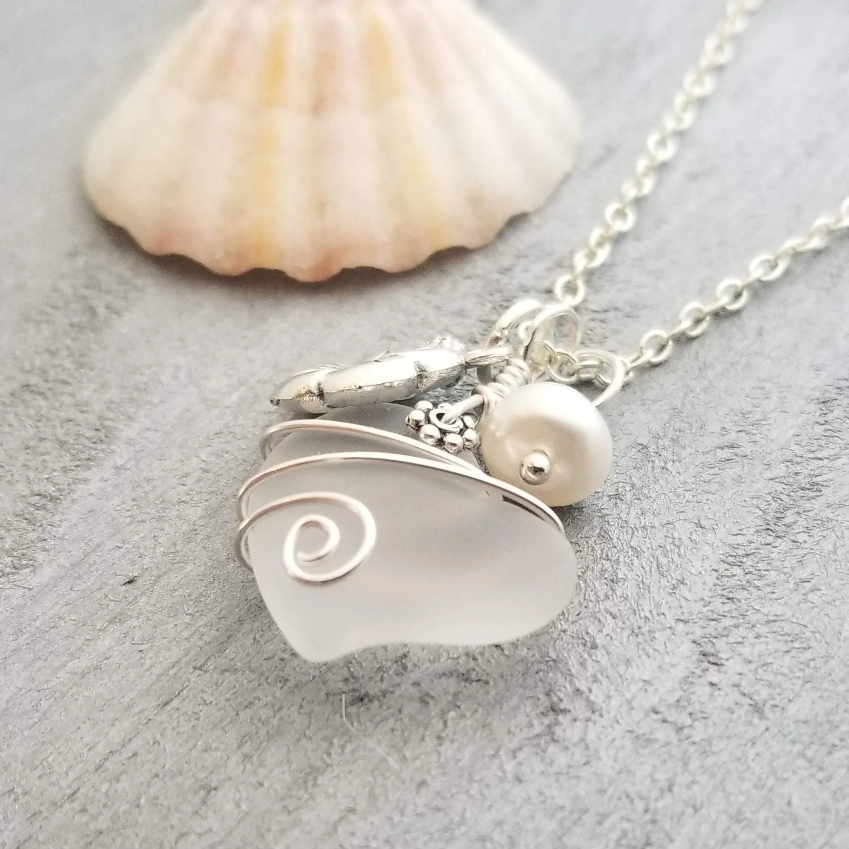 Hawaiian Jewelry Sea Glass Necklace, Wire Heart Necklace Crystal Necklace Hibiscus Pearl Necklace, Beach Jewelry (April Birthstone Jewelry)
