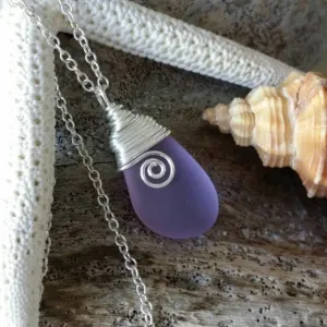 Hawaiian Jewelry Sea Glass Necklace, Wire "Magical Color Changing" Purple Necklace, Beach Jewelry Birthday Gift(February Birthstone Jewelry)