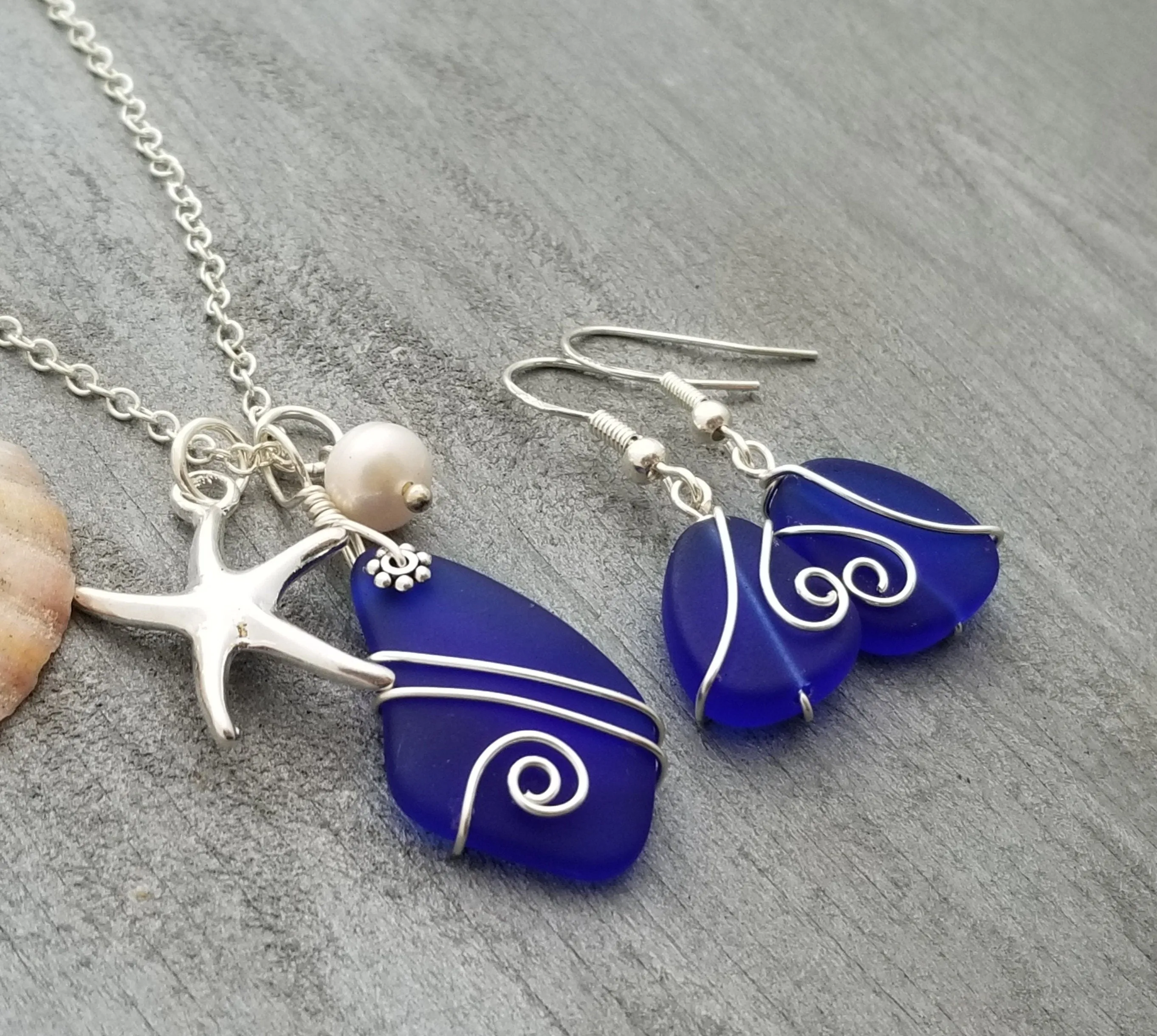 Hawaiian Jewelry Sea Glass Set, Cobalt Blue Necklace Earrings Jewelry Set, Pearl Starfish Necklace, Birthday Gift Set (September Birthstone)
