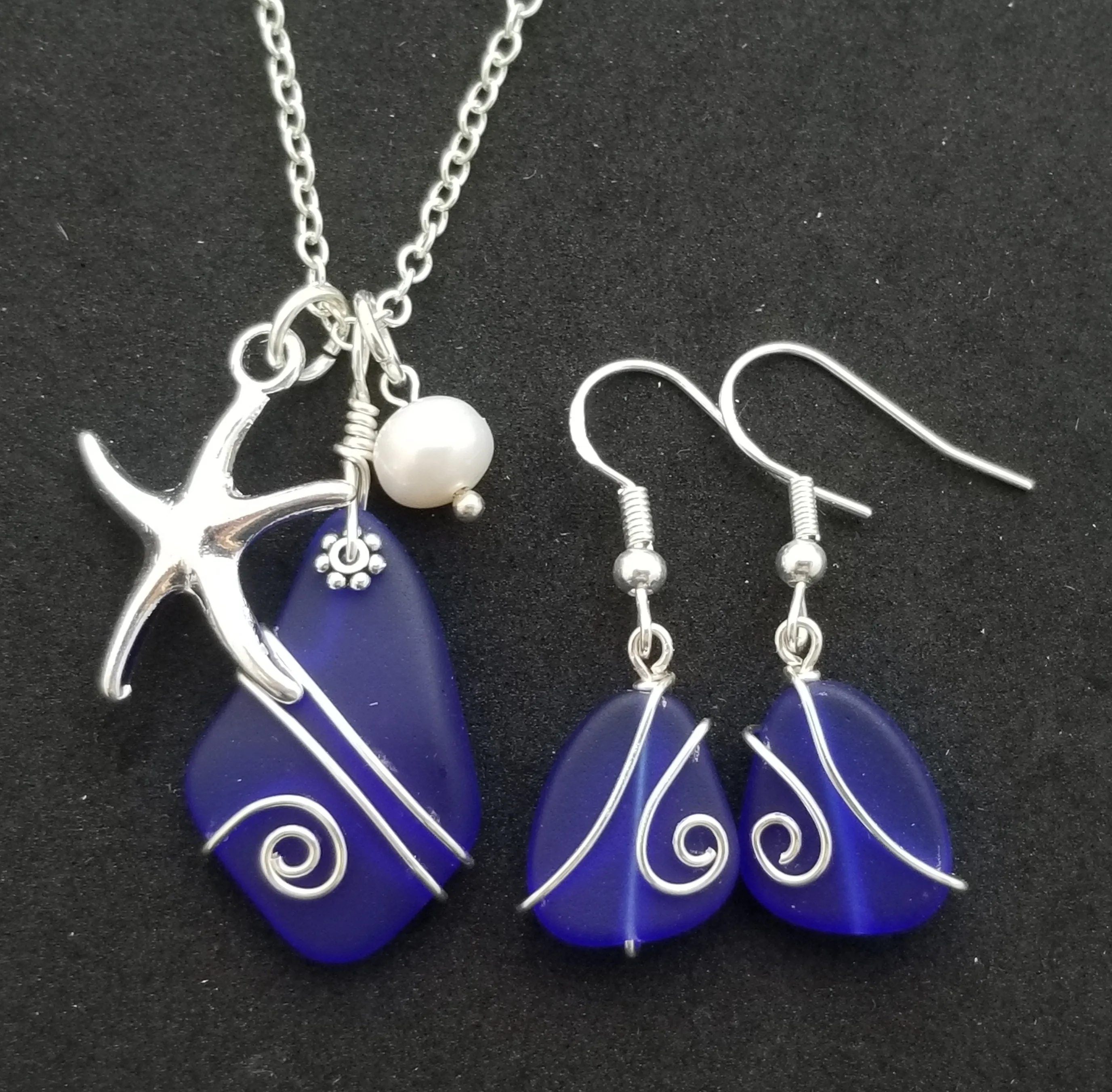 Hawaiian Jewelry Sea Glass Set, Cobalt Blue Necklace Earrings Jewelry Set, Pearl Starfish Necklace, Birthday Gift Set (September Birthstone)