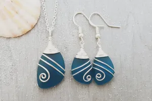 Hawaiian Jewelry Sea Glass Set, Teal Top Wire Wrapped Necklace Earrings Jewelry Set, Beachy Sea Glass Jewelry For Women Unique Jewelry Set