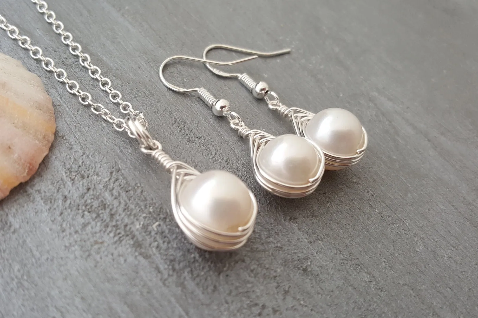 Hawaiian Jewelry SET For Women, Unique Wire Braided Natural Pearl Necklace Pearl Earrings Set, Beach Jewelry Birthday Gift (June Birthstone)