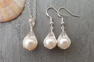 Hawaiian Jewelry SET For Women, Unique Wire Braided Natural Pearl Necklace Pearl Earrings Set, Beach Jewelry Birthday Gift (June Birthstone)