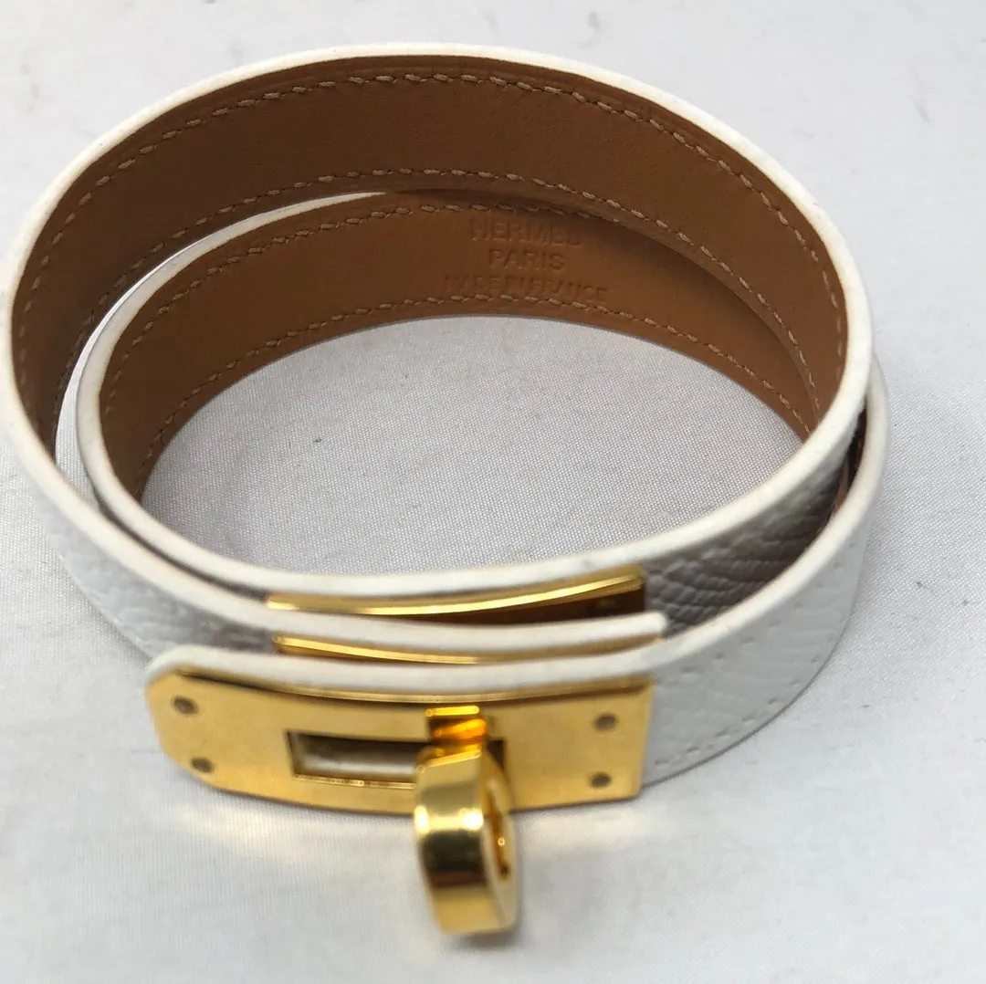Hermes Kelly Double Tour white leather Gold Plated Bracelet