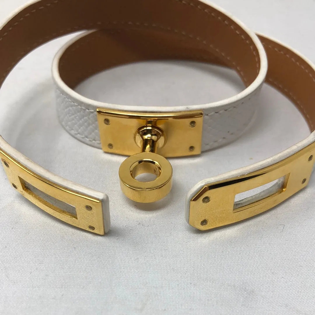 Hermes Kelly Double Tour white leather Gold Plated Bracelet