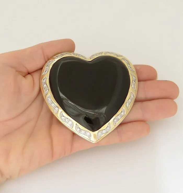 HUGE 14K YELLOW GOLD HEART BLACK ONYX 2.00ct ROUND DIAMOND PENDANT SLIDE 3"