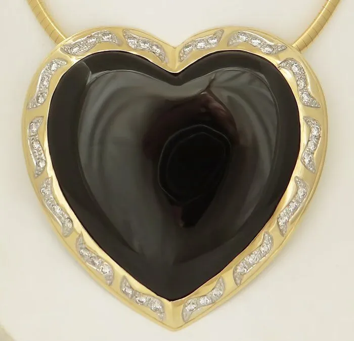 HUGE 14K YELLOW GOLD HEART BLACK ONYX 2.00ct ROUND DIAMOND PENDANT SLIDE 3"