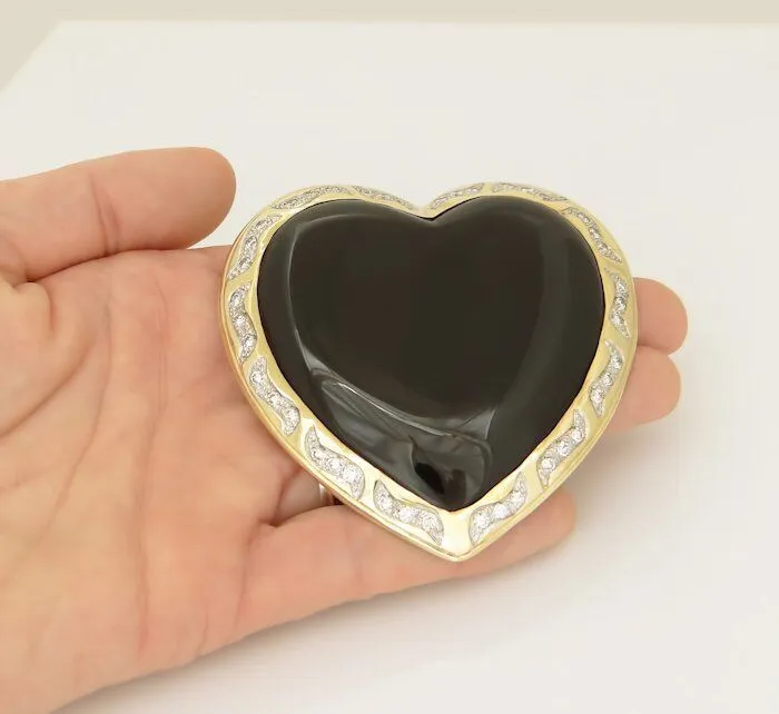 HUGE 14K YELLOW GOLD HEART BLACK ONYX 2.00ct ROUND DIAMOND PENDANT SLIDE 3"
