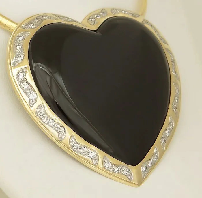 HUGE 14K YELLOW GOLD HEART BLACK ONYX 2.00ct ROUND DIAMOND PENDANT SLIDE 3"
