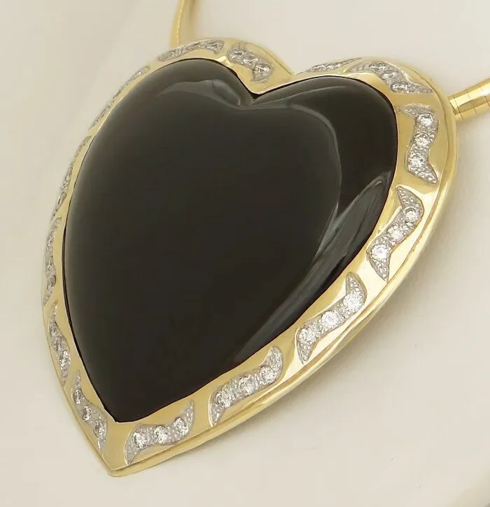 HUGE 14K YELLOW GOLD HEART BLACK ONYX 2.00ct ROUND DIAMOND PENDANT SLIDE 3"