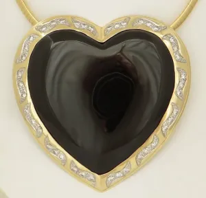 HUGE 14K YELLOW GOLD HEART BLACK ONYX 2.00ct ROUND DIAMOND PENDANT SLIDE 3"