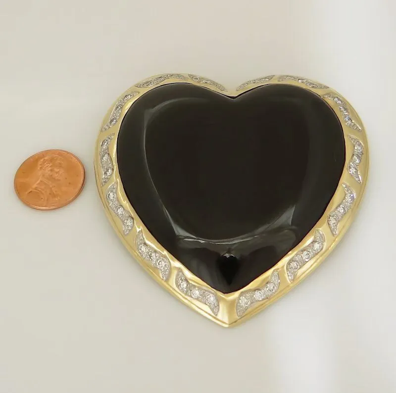 HUGE 14K YELLOW GOLD HEART BLACK ONYX 2.00ct ROUND DIAMOND PENDANT SLIDE 3"