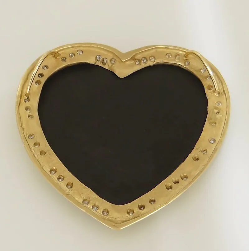 HUGE 14K YELLOW GOLD HEART BLACK ONYX 2.00ct ROUND DIAMOND PENDANT SLIDE 3"