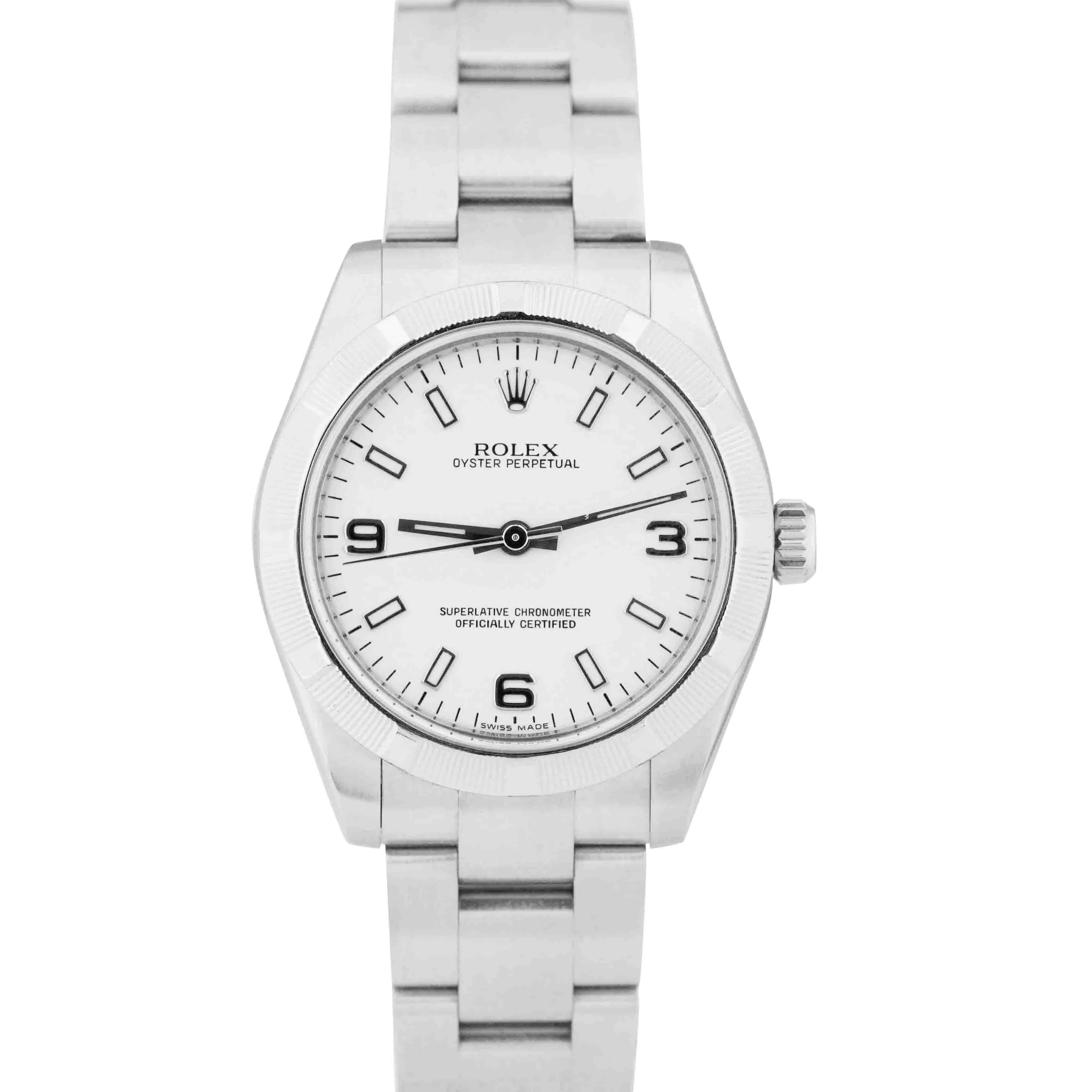 Ladies Rolex Oyster Perpetual 31 White 31mm 3-6-9 Mid-Size Steel 177210 Watch