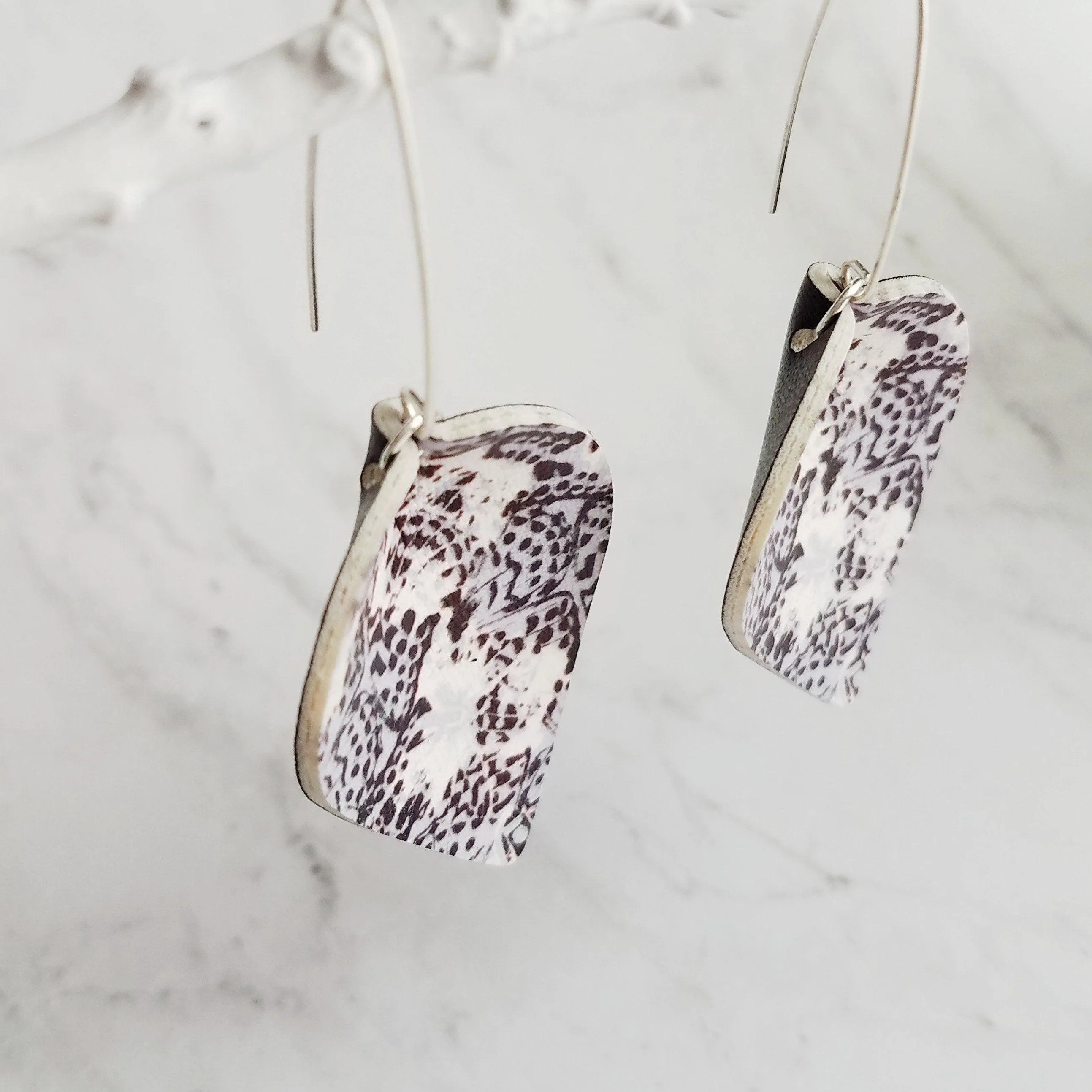 Large Drop Earrings - butterfly pattern faux leather inverted teardrop leaf shape - white/grey/purple/violet handmade jewelry - 3 inch