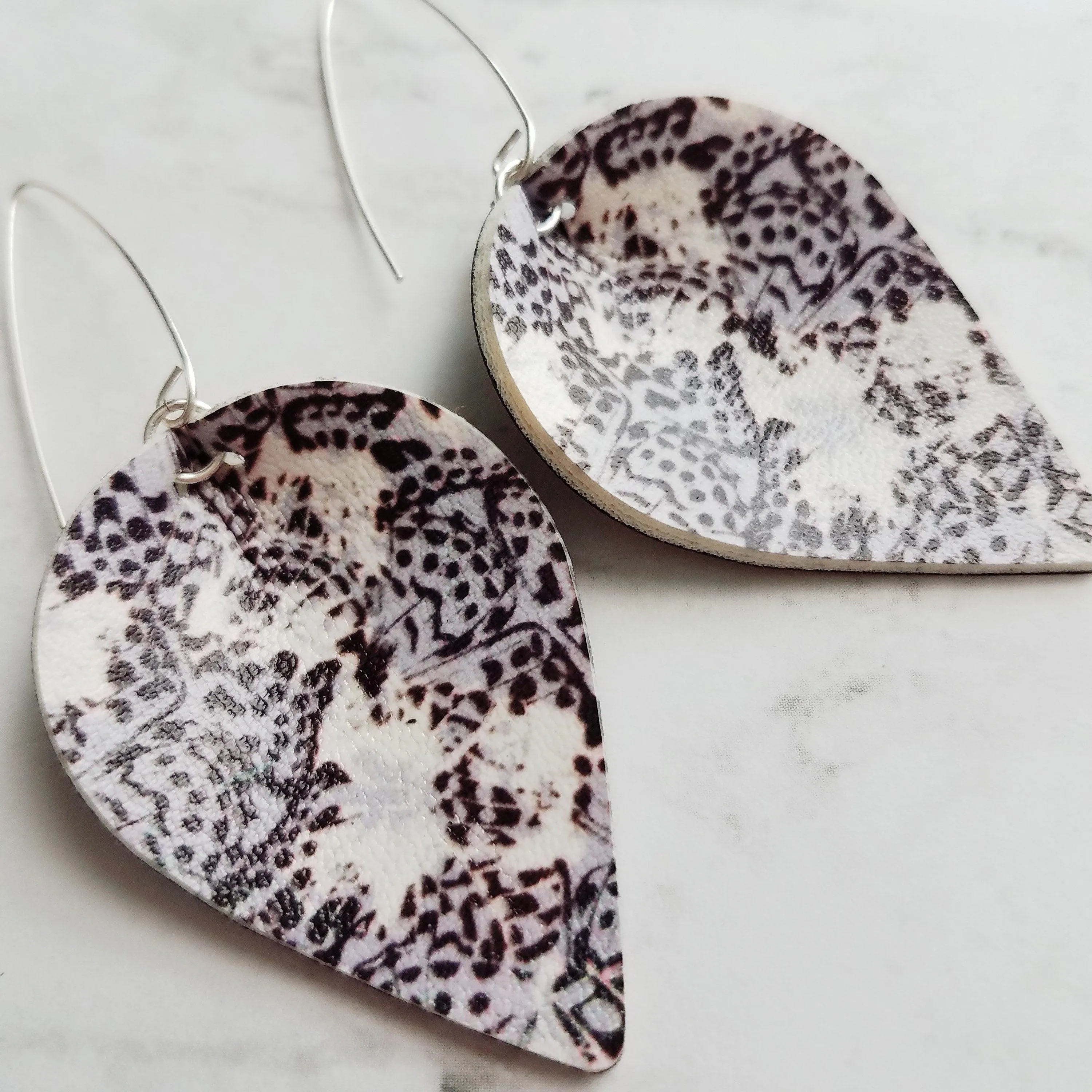 Large Drop Earrings - butterfly pattern faux leather inverted teardrop leaf shape - white/grey/purple/violet handmade jewelry - 3 inch