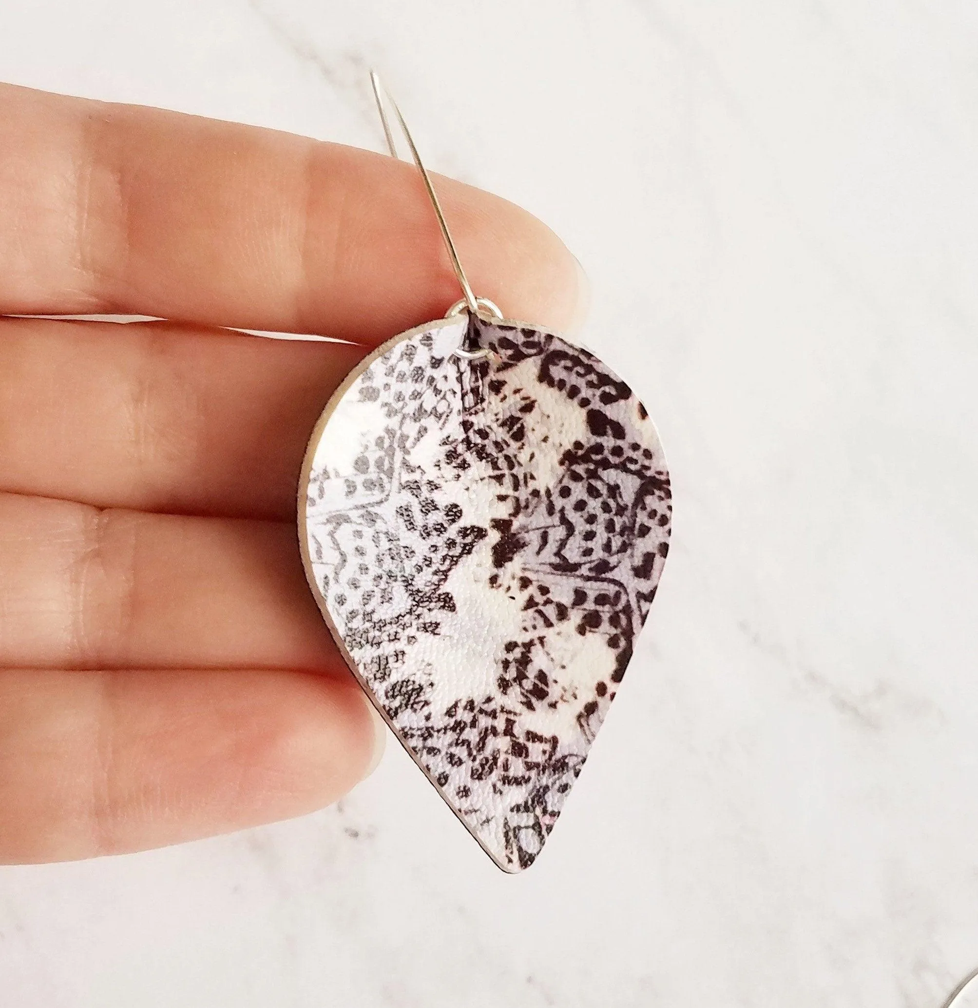 Large Drop Earrings - butterfly pattern faux leather inverted teardrop leaf shape - white/grey/purple/violet handmade jewelry - 3 inch