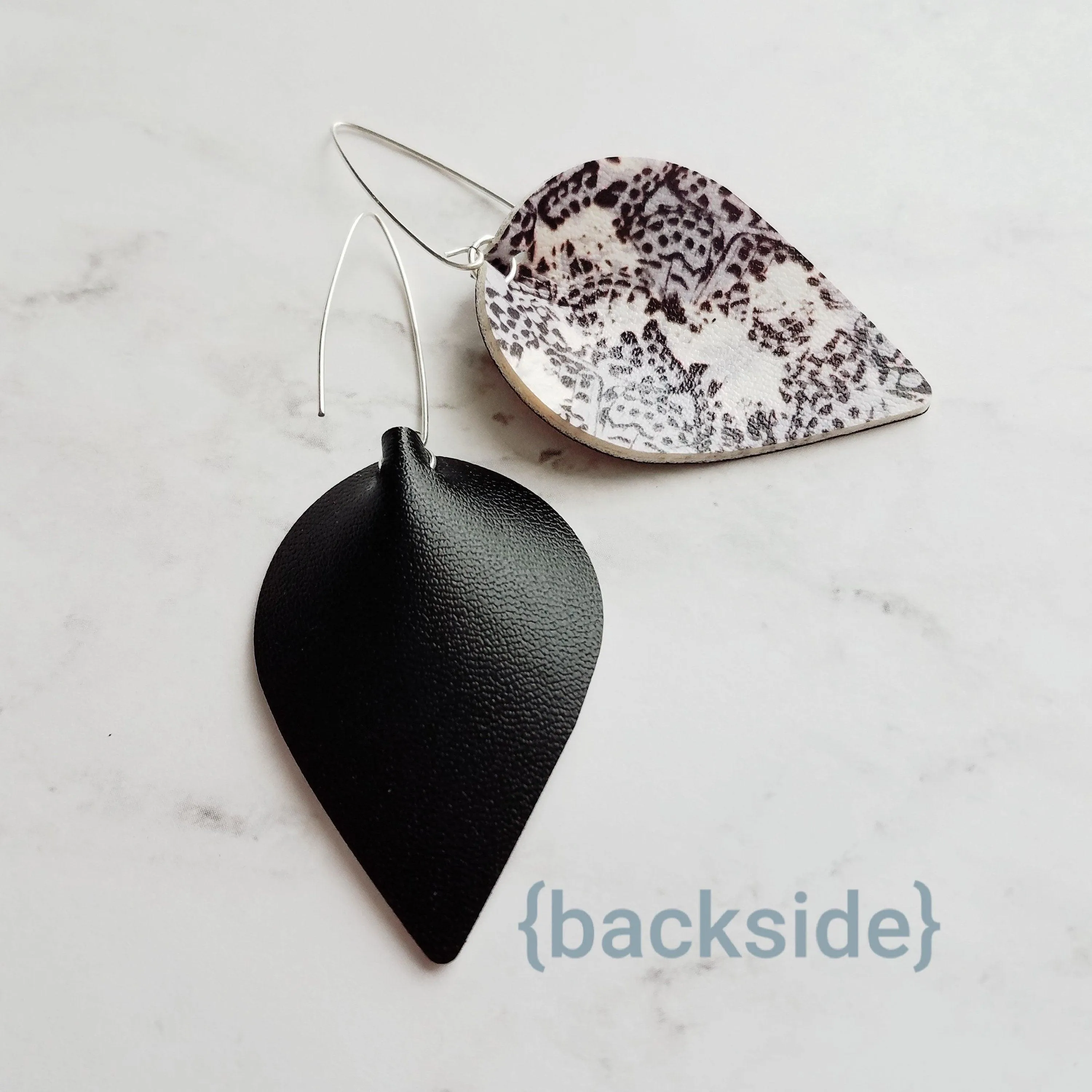 Large Drop Earrings - butterfly pattern faux leather inverted teardrop leaf shape - white/grey/purple/violet handmade jewelry - 3 inch
