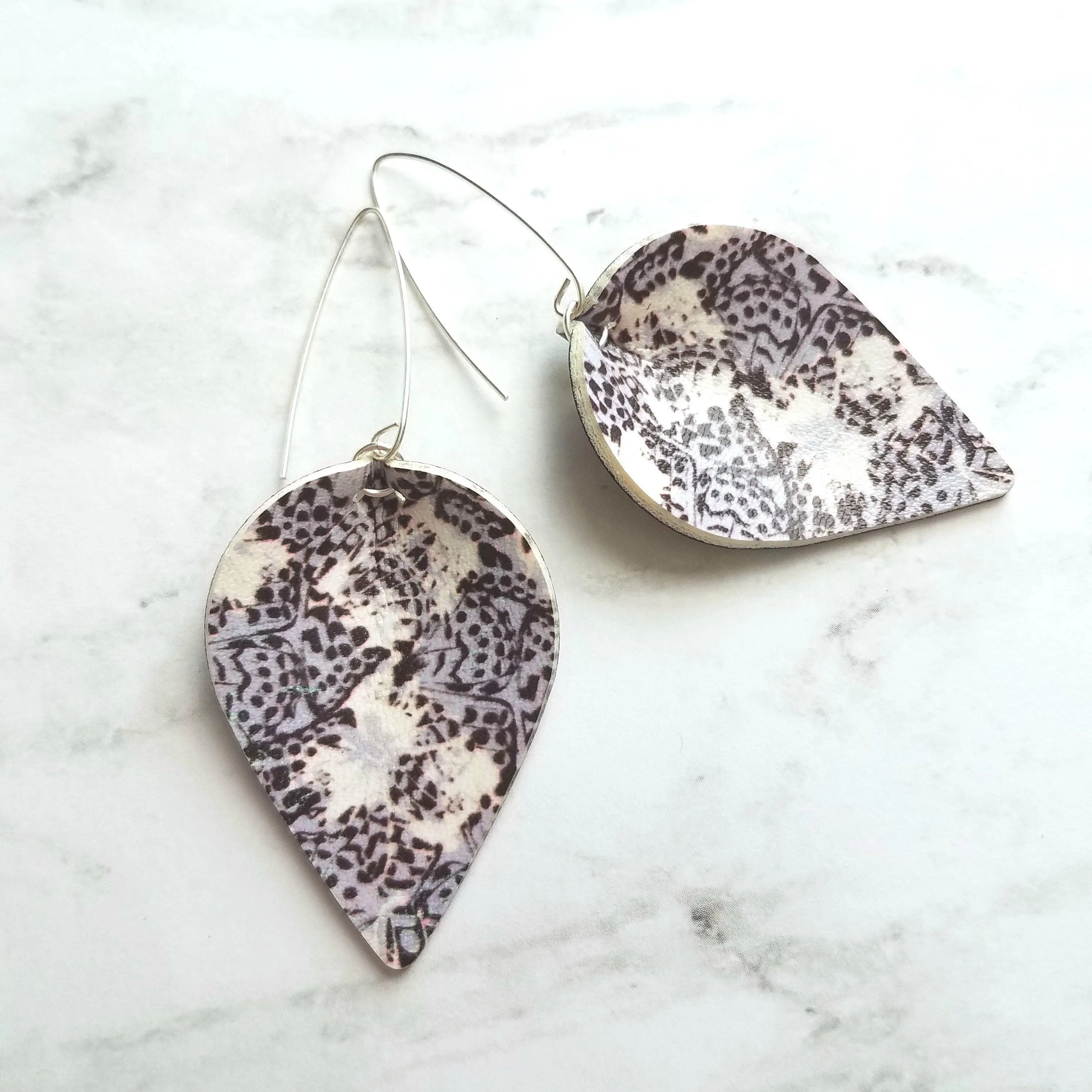 Large Drop Earrings - butterfly pattern faux leather inverted teardrop leaf shape - white/grey/purple/violet handmade jewelry - 3 inch