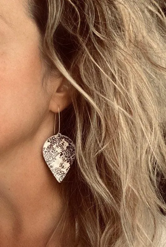 Large Drop Earrings - butterfly pattern faux leather inverted teardrop leaf shape - white/grey/purple/violet handmade jewelry - 3 inch