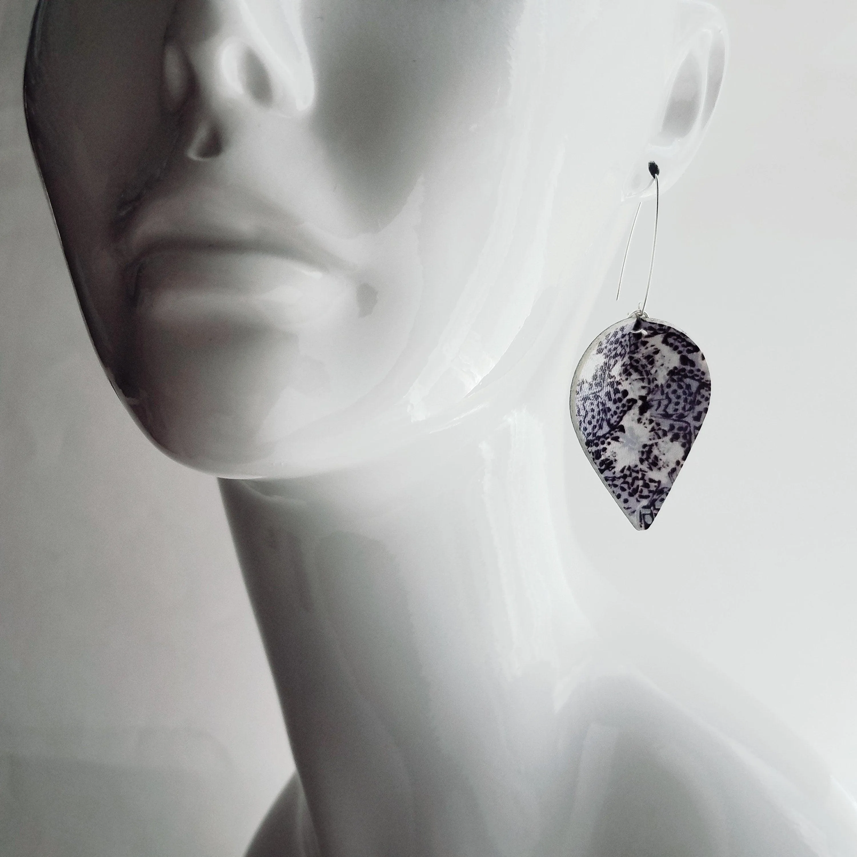 Large Drop Earrings - butterfly pattern faux leather inverted teardrop leaf shape - white/grey/purple/violet handmade jewelry - 3 inch