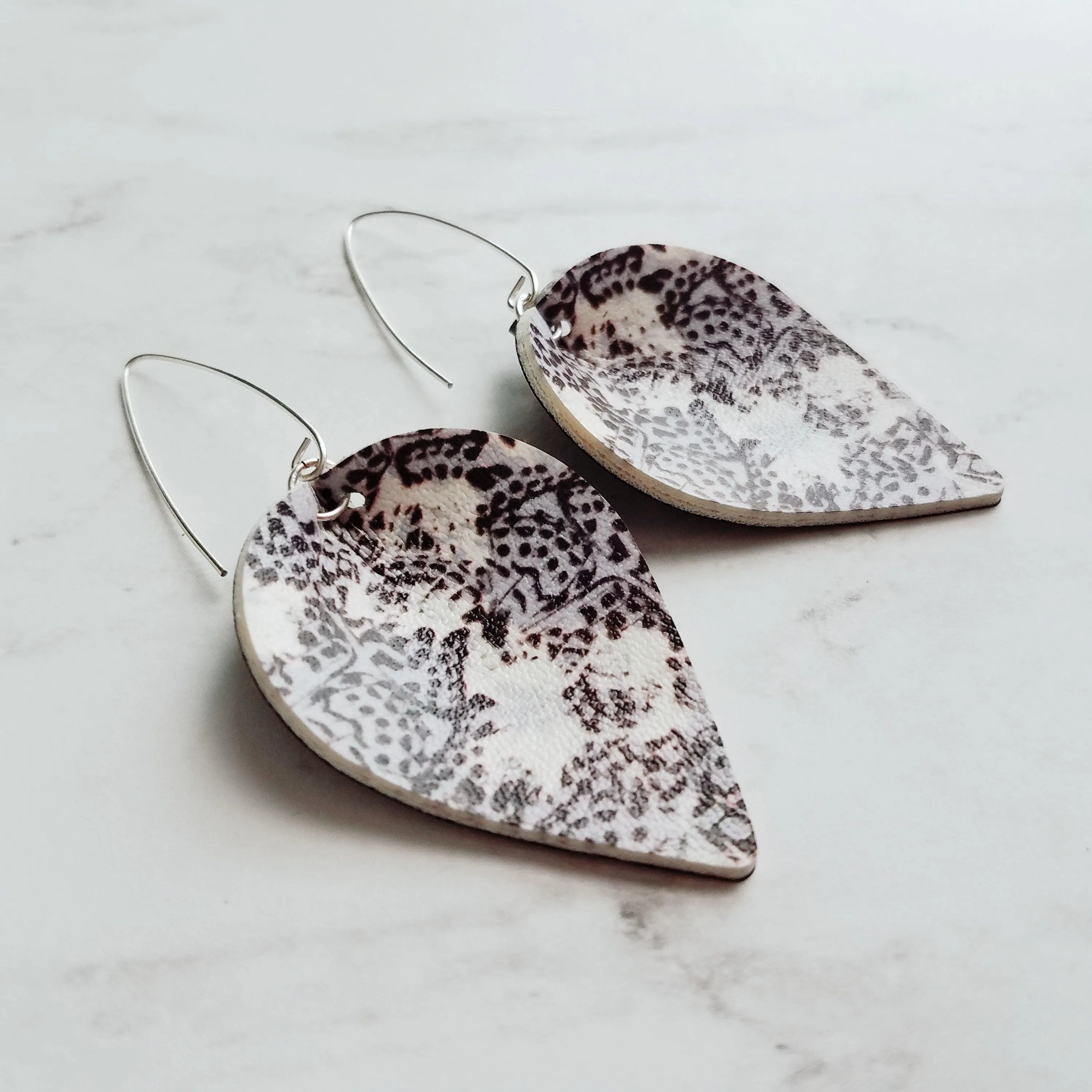 Large Drop Earrings - butterfly pattern faux leather inverted teardrop leaf shape - white/grey/purple/violet handmade jewelry - 3 inch