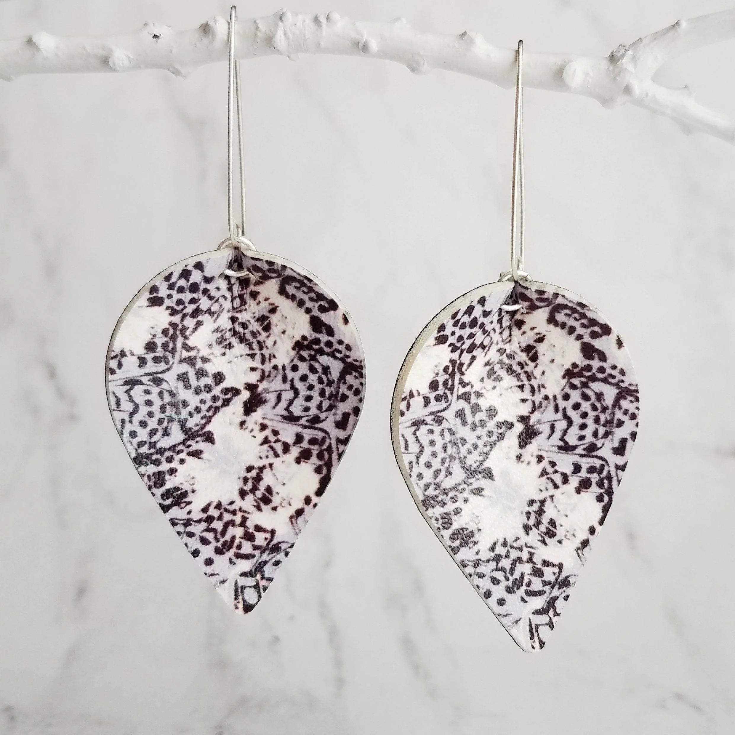 Large Drop Earrings - butterfly pattern faux leather inverted teardrop leaf shape - white/grey/purple/violet handmade jewelry - 3 inch