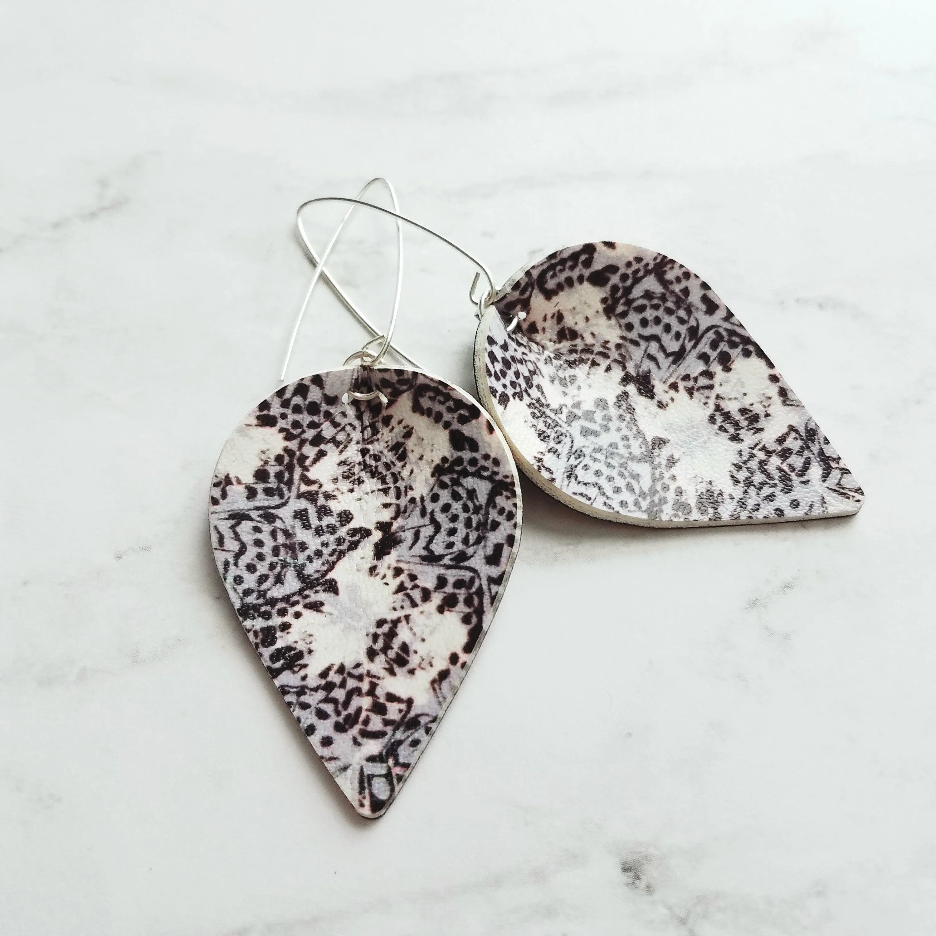 Large Drop Earrings - butterfly pattern faux leather inverted teardrop leaf shape - white/grey/purple/violet handmade jewelry - 3 inch