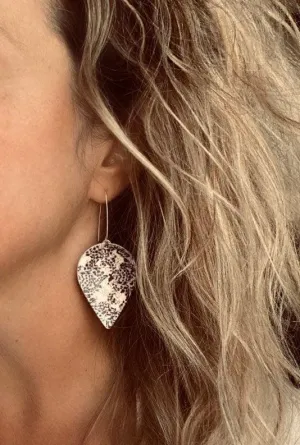 Large Drop Earrings - butterfly pattern faux leather inverted teardrop leaf shape - white/grey/purple/violet handmade jewelry - 3 inch